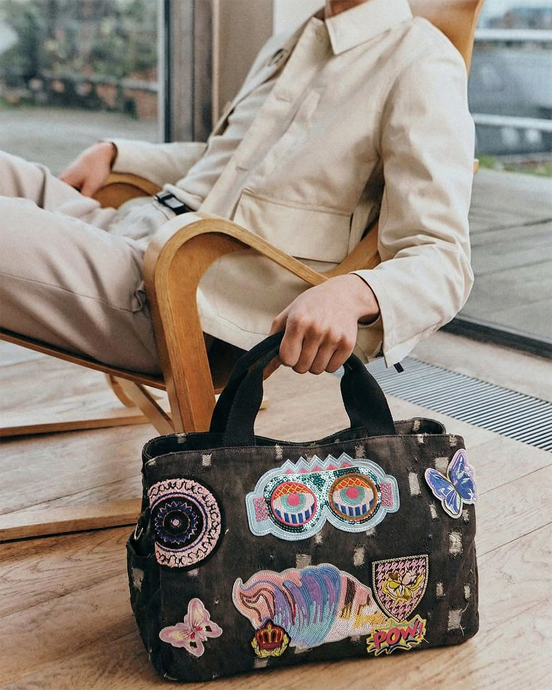 Black Patched Denim Duffle Bag