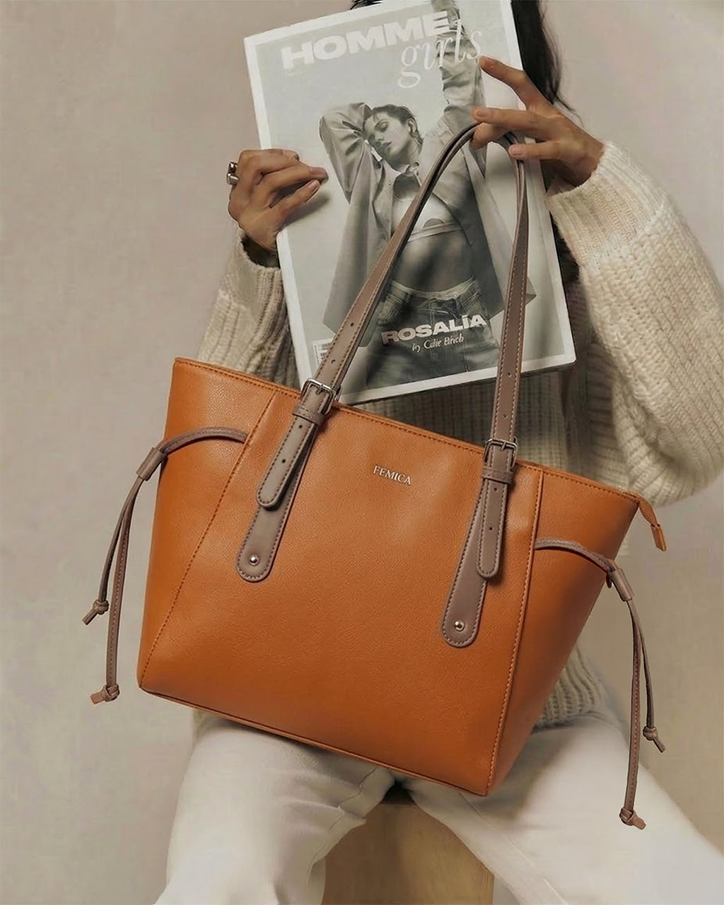 Adjustable Handle Tan Tote Bag