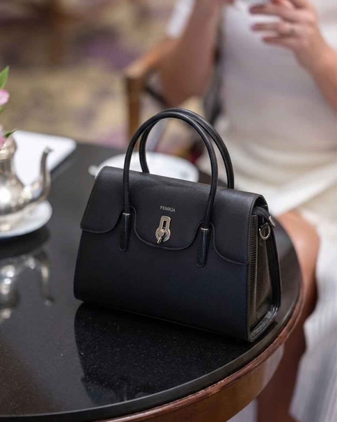 Classic Black Twist-Lock Structured Handbag