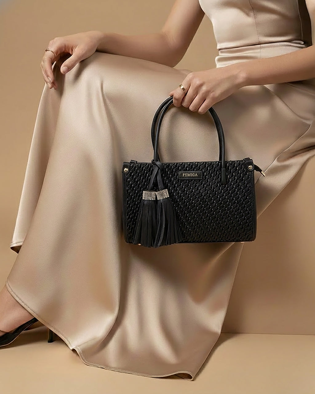 Black Textured Top Handle Bag