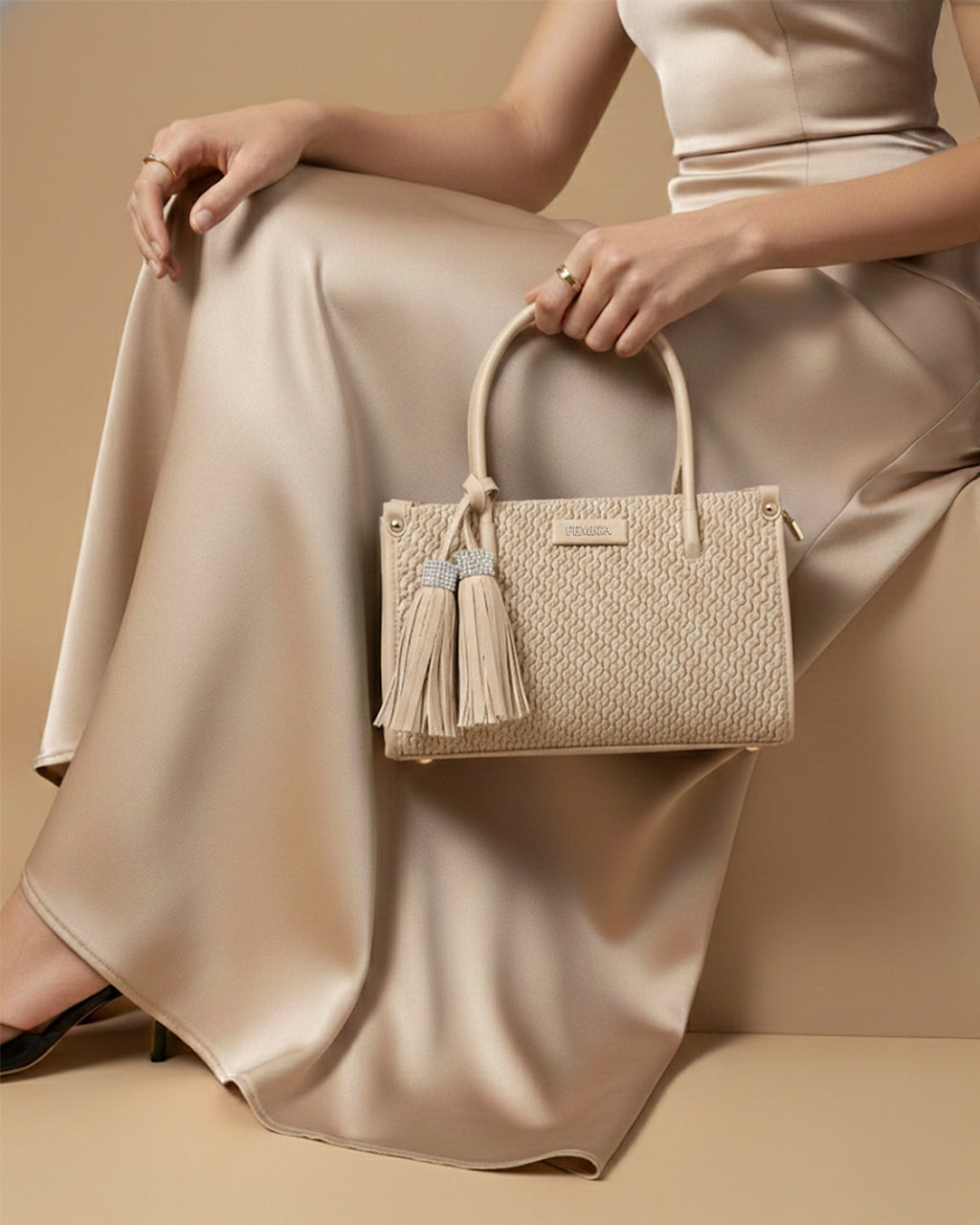 Textured Top Handle Khaki Bag