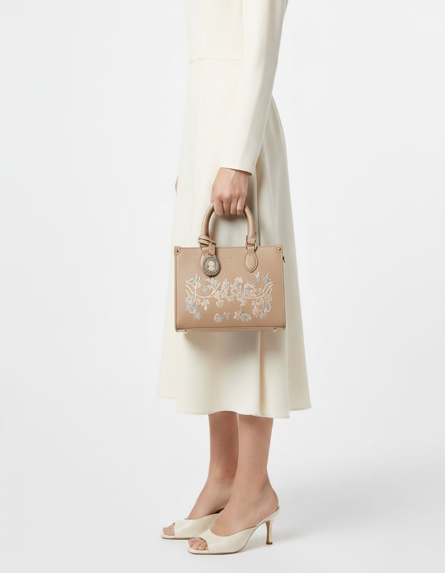 Floral Khakhi Embroidered Handbag