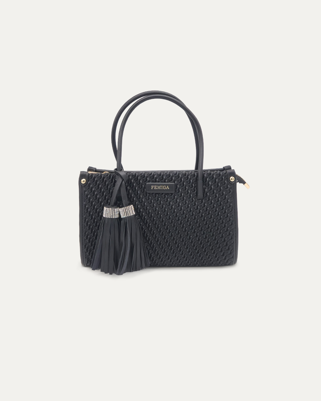 Black Textured Top Handle Bag