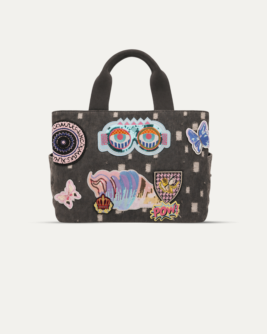 Black Patched Denim Duffle Bag