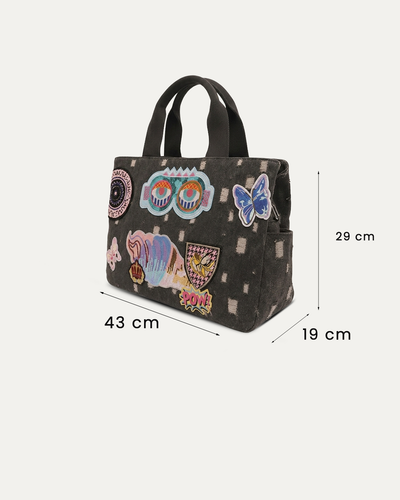 Black Patched Denim Duffle Bag